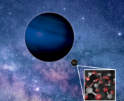 A rogue planet in space with an exomoon next to it. A zoom in window shows molecular structures
