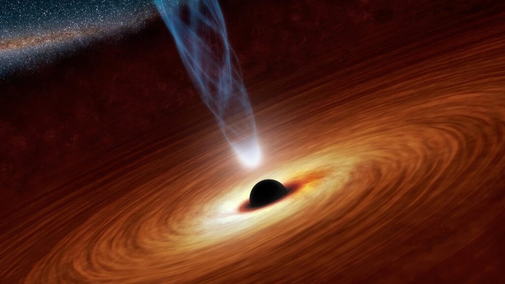 Artist's impression of an AGN. In the centre is a black sphere, representing the black hole, surrounded by a flat, orange, rotating disk of material. A thin blue jet is pointing upwards from the black hole, perpendicular to the disk. 