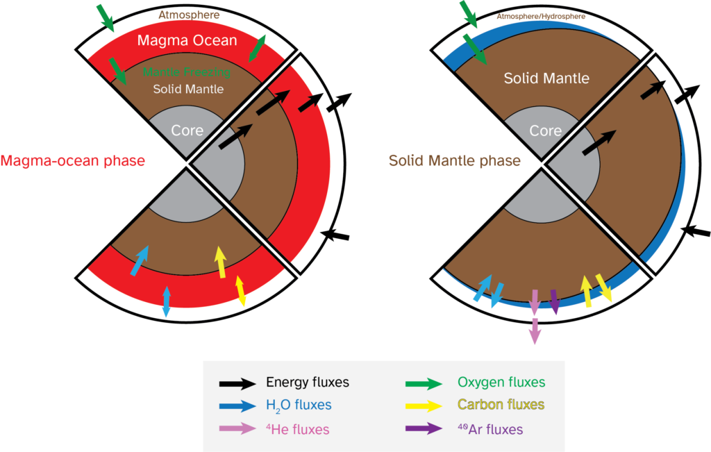 A diagram showing the layers of Venus during the two phases of the PACMAN model. On the left is the magma ocean phase. The planet is broken up into 4 sectors (with the leftmost one missing like a slice of pizza). The sectors from inner to outer are the cor (grey), a solid mantle (brown), magma ocean (red), and atmosphere (white). On the right is the solid mantle model, with the sectors being the core (grey), solid mantle (brown), and the atmosphere/hydrosphere (blue). The solid mangle is lopsided. Each phase also has multicolored arrows showing different energy fluxes going in and out each layer (black=energy, blue=water, pink = 4He, green=oyxgen, yellow=carbon, purple=40Ar).