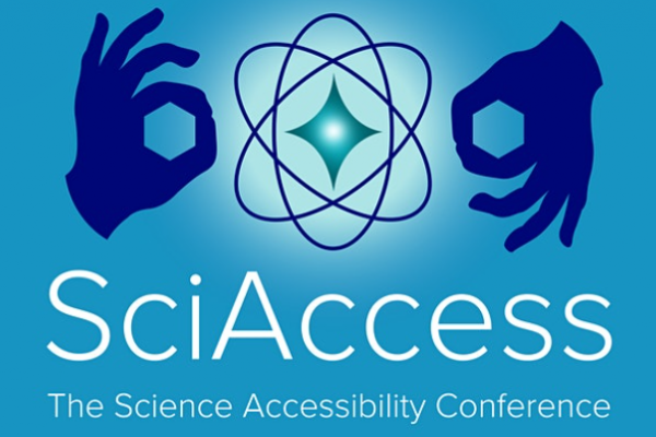 Two hands making okay symbols around a stylized atom, with the words "SciAccess the science accessibility conference" below