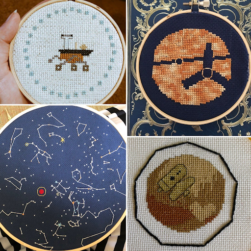 Four embroideries — (clockwise from top left) Opportunity rover, Juno's shadow on Jupiter, constellations, New Horizons passing by Pluto. I