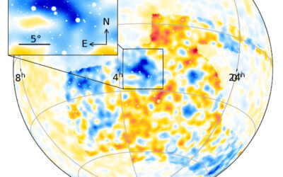 Diagram showing a sphere on which the CMB temperature measurements of Planck are marked by colors. The sphere is colored with red and blue patches which have approximately the same intensity, except for a large dark blue region in the center. An inset shows this dark region in more detail