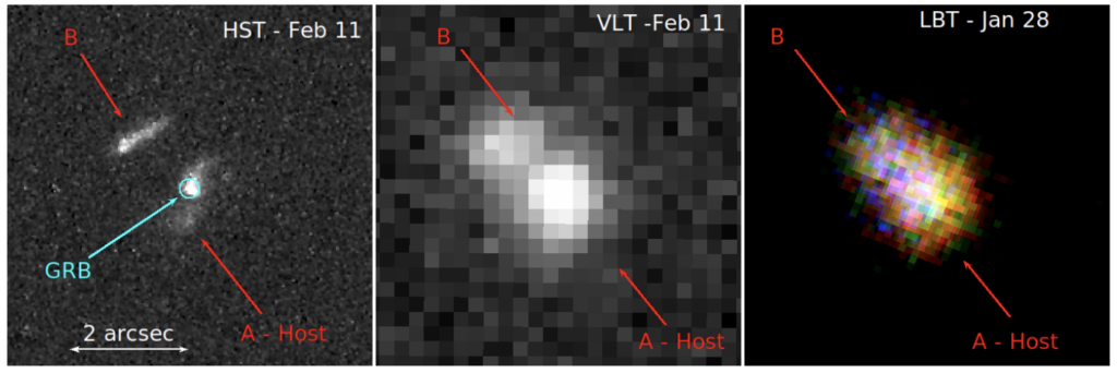 Images of the host galaxy of GRB 190114C taken with HST (left), VLT (middle), & LBT (right)