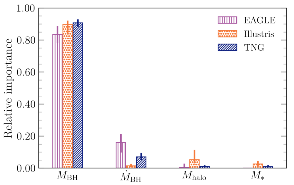 Bar chart, with 12 bars, split into four groups of three. Each group is labelled as black hole mass, rate of change of black hole mass, halo gas mass, and stellar mass. Each of these has three bars, labelled as representing the EAGLE, Illustris, and TNG simulations. The height of the bars represents the "relative importance". For all three simulations, the black hole mass is the dominant feature, with an importance of greater than 0.8. All of the other bars are below 0.2 in height. 