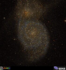 mosaic of a spiral galaxy, made op of many small images of other galaxies