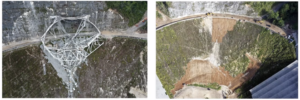 A set of top-down photographs of the Arecibo Observatory. The left image displays the fallen dish hanging into the eroded observatory well. The right image displays the same view, but this time with the dish cleaned up and erosion of the wall substantially decreased.