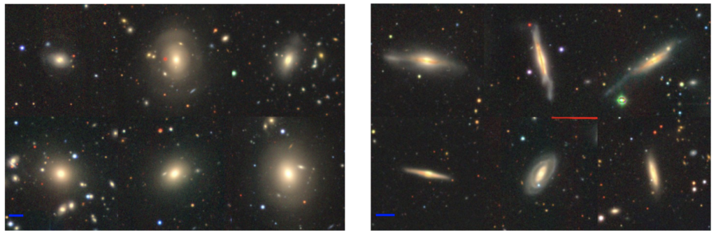 Left image: a 3 by 2 grid of spheroidal galaxies in space. These are ovals of yellow-white light that is brighter at the center and getting dimmer at larger radii, fading out with no clear transition. These galaxies are surrounded by other specs of yellow, blue, and red which are other stars and galaxies in the field behind them. 
Right image: a 3 by 2 grid of disky/spiral galaxies. These look more elongated, also with a bright central point but we can see some spiral structure and in some cases wisps or tails coming out of one side.