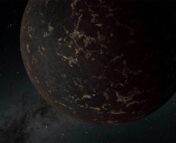 An artist's illustration of a dry, rocky exoplanet against a dark, starry sky. The planet is dark brown and shows many lighter brown cracks on its surface