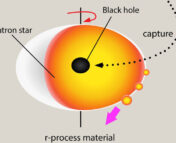 A diagram showing a primordial black hole embedded in a rapidly rotating neutron star and causing r-process elements to spill out of it.
