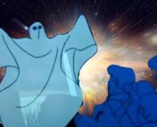 A large explosion in space. In the foreground is the cast of Scooby Doo staring at a Ghost superimposed on the explosion.