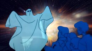 A large explosion in space. In the foreground is the cast of Scooby Doo staring at a Ghost superimposed on the explosion.