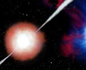 A relativistic jet breaking out of a collapsing massive star, thus producing a long gamma-ray burst