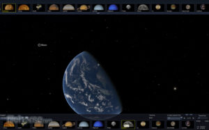 A screenshot of the desktop view of WWT.  It shows the Earth from a distance, lit up on the left side by the sun, and the Moon is labelled in the background although not visible.  Menus along the top and bottom show the other planets in our solar system as options to explore. 
