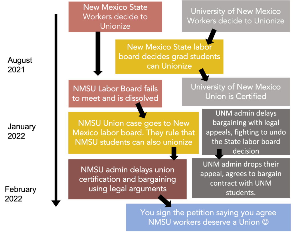 An infographic containing information laid out in the paragraph above. There is a time line running from Summer 2021 to February 2022 and lays out when decisions were made and when legal arguments held up the process of the NMSU grads creating a union