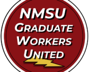 A logo for the NMSU graduate workers united group. It is a red circle with white text that says "NMSU Graduate Workers United" with a yellow lightning bolt