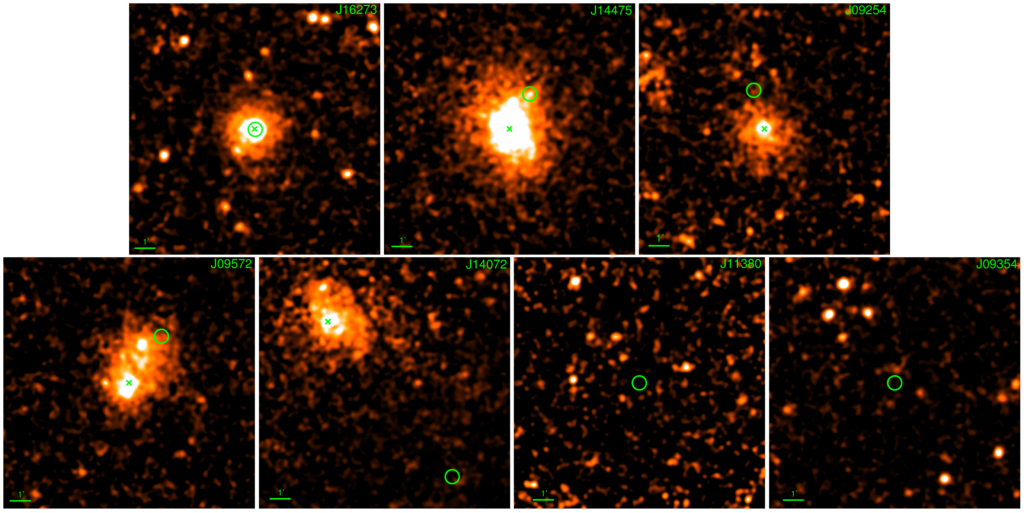 Seven images showing X-ray detections of ICM in clusters. The clusters are roughly circular, and are brightest in the centre, fading to black in their outskirts. Two of the images (bottom-right) are dark, and do not have a clear, bright region of ICM. Those with a visible cluster have a small green cross, marking the centre of the round region. These five also have a small green circle marking the position of the superluminous spiral -- in four of these, the circle is offset from the cross. In one (top-left), the circle is in the same position as the cross.