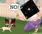 An illustration of a person scolding a dog has a telescope image of star GJ 1181 over the human, and the ancient aliens meme template over the dog.