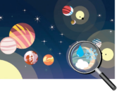 An illustration of various colorful exoplanets near glowing yellow stars. At the bottom right hand corner one of the exoplanet is magnified with a magnifying glass and inside are icons of a snowflake, cloud, and raindrop