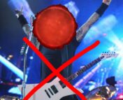 A thrash metal musician wearing a tank top, with his hands up in the air and an electric guitar hanging from his neck, during a concert. An image of a Red Giant star has been edited over the musician's face, and a large red X has been drawn over the musician's body