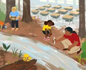 An illustration of a teacher with students doing research on a water next to a river