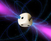 An artist's impression of a pulsar, with a die superimposed on it.