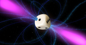An artist's impression of a pulsar, with a die superimposed on it.