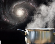 A pot of boiling water with vapor coming out the top. A spiral galaxy is visible in the background, along with a generally dark background.