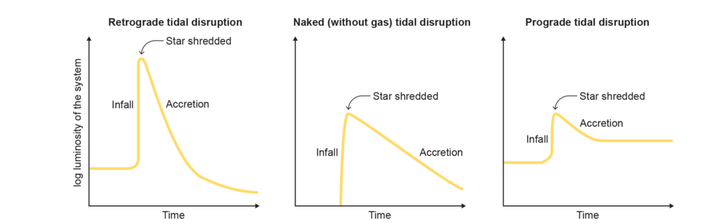 A graph showing the expected light curves for an isolated TDE, a retrograde TDE, and a prograde TDE. The isolated TDE spikes up from nothing and then slowly decays away. The retrograde TDE spikes up from a constant AGN luminosity level and then rapidly decays away. The prograde TDE spikes up from a constant AGN level and then slowly decays away, but leaves the AGN brighter than it initially was. The spike for the retrograde TDE is larger than for the others.