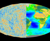 Map with half showing climate models of Earth and half showing the CMB map from Planck