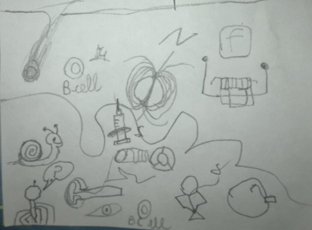 White paper covered in child's drawings of science