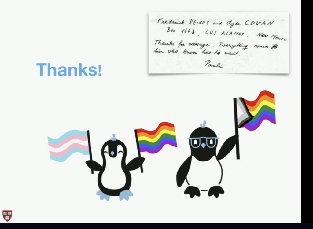 Pride penguins on a thank you slide
