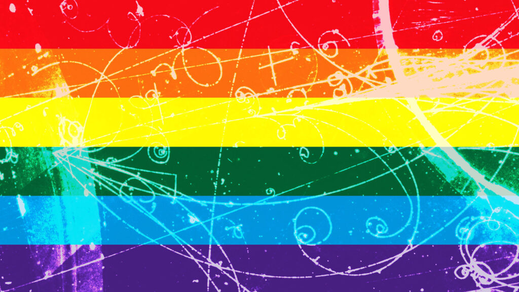 Image of a bubble chamber, with many streaks and tracks from particles, overlaid with a rainbow flag.