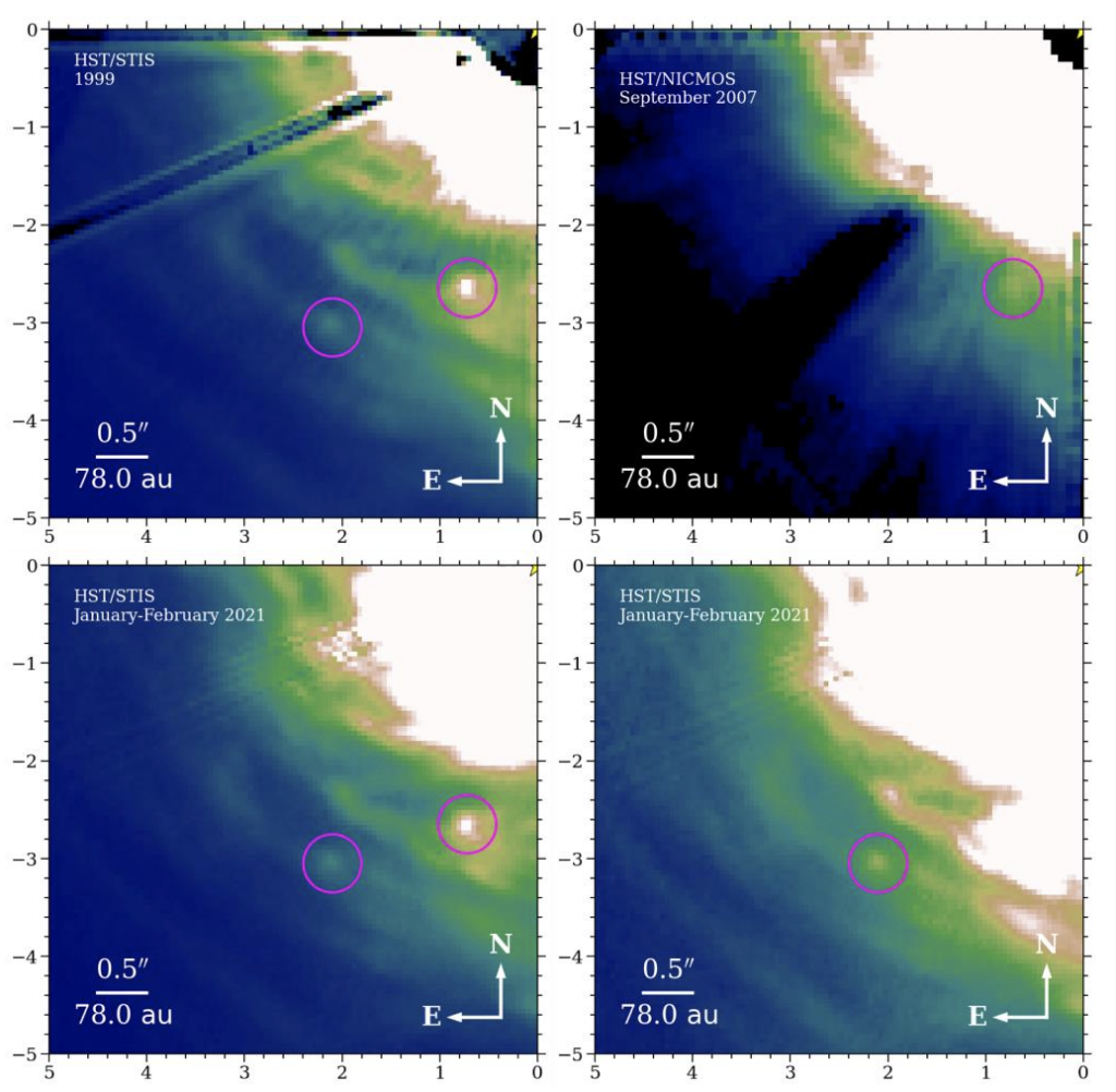 Four Hubble Space Telescope images from 1999, 2007, and two from 2021 show the locations of two additional candidate protoplanets in the AB Aur system.