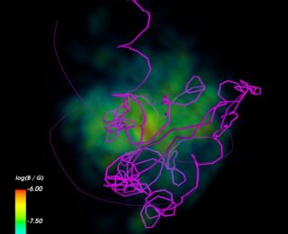 Simulation of a galaxy cluster with the path of a cosmic ray winding through it