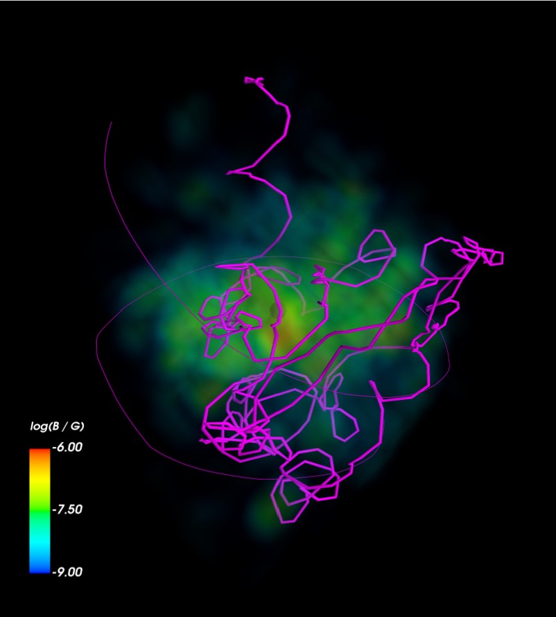 Image with a black background and a color scale on the lower left corner. The color scale is rainbow, and shows the magnetic field of the cluster. Image has a green-yellow blur in the center, representing the simulated cluster magnetic field. On top, there are two magenta lines, which are very twisted and looped. These lines represent two cosmic ray paths through the cluster.