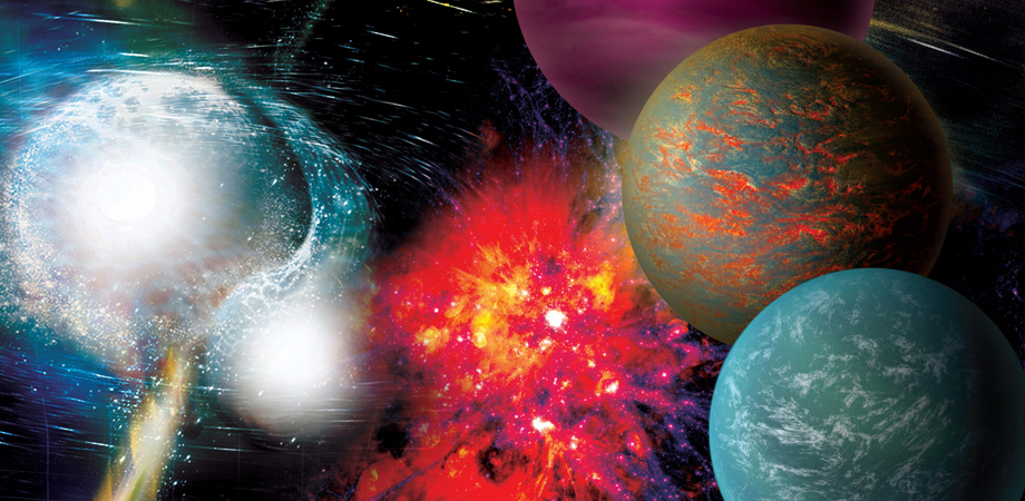Cover art for the Astro2020 Decadal Survey. There are three parts to the image. On the left is an abstract white galaxy. In the middle is an abstract red supernova remnant, and on the right are three artists rendition of exoplanets.