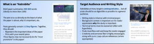 two slides from Mitchell's presentation, one introducing Astrobites and one talking about target audience being undergrads.