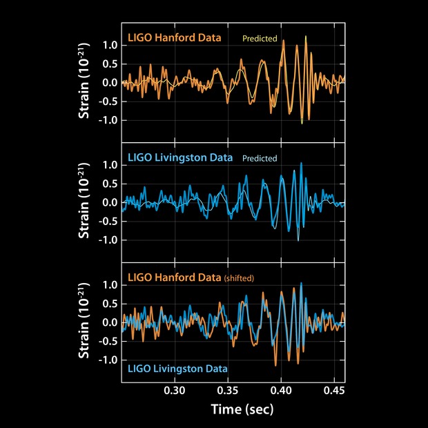 Top: LIGO Hanford data (predicted waveform and actual waveform), Middle: LIGO Livingston data (predicted waveform and actual waveform), bottom: both. X-axis is time and y-axis on all plots is strain.