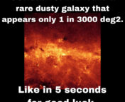 Super rare meme format. Spitzer image of a dusty galaxy with top text: "CONGRATS! You found a rare dusty galaxy that appears only 1 in 3000 deg2" and bottom text: "Like in 5 seconds for good luck."