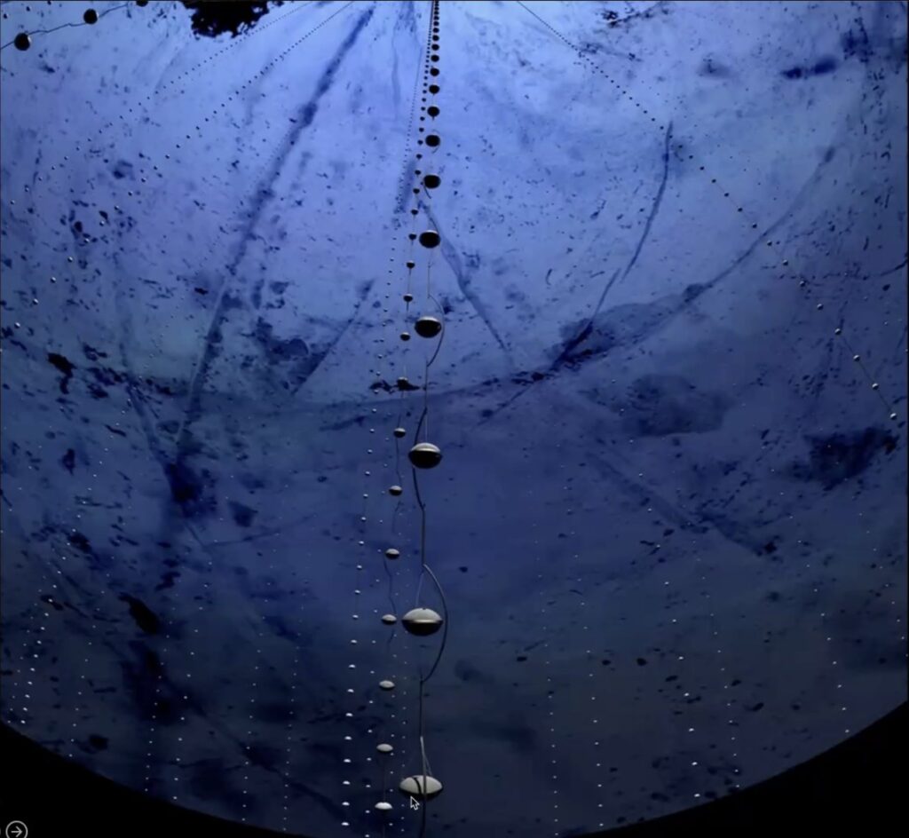 Artist depiction of IceCube: the image looks like one is looking up through transparent bluish ice, seeing many strings of photomultipliers