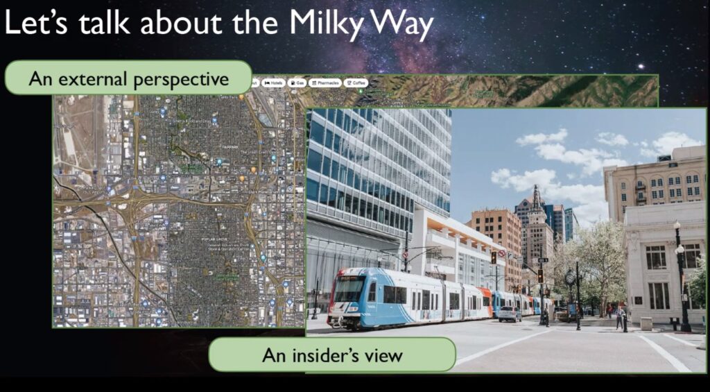 on the left, an external perspective of the map of Salt Lake City from above, versus on the right, a photo of a street corner in downtown Salt Lake City