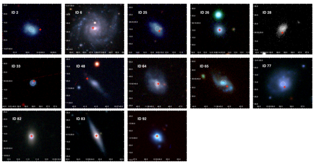 Optical images of the 13 candidate MBH host galaxies. Two appear to be spirals, two appear to be edge-on disks, and the others have morphologies that are less clear.