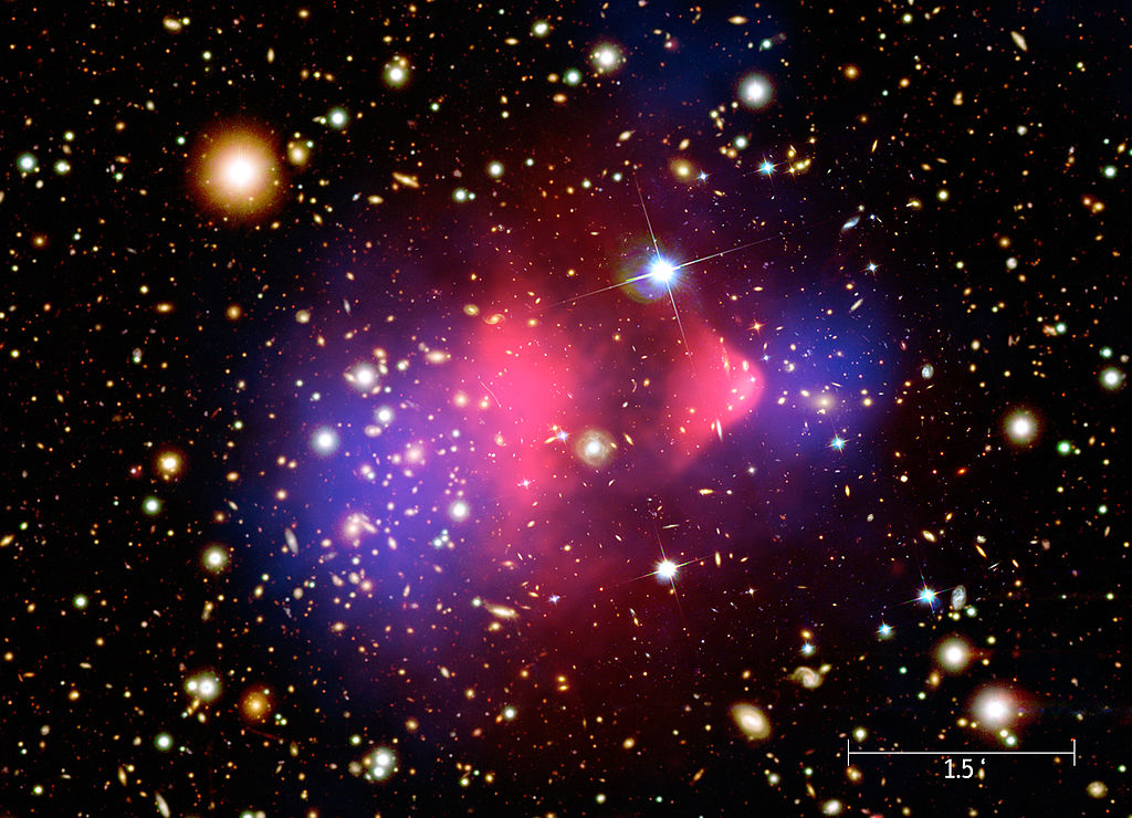 Photograph of two clusters of galaxies, one on the left, and one on the right. Overlaid are two pink regions, nearby to each other in the centre of the image, and two blue regions, separated by a greater distance and so further from the centre.
