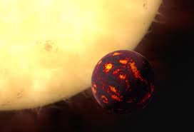 Artist's rendition of a red hot lava planet next to a large star