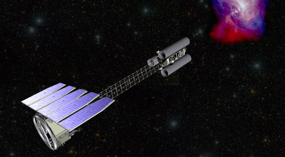 IXPE artist's rendition; long telescope pointing at a colorful swirl on a black background