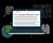 a clip-art laptop displaying a fake article titled "your undergrad research here", hovering over a dark sky