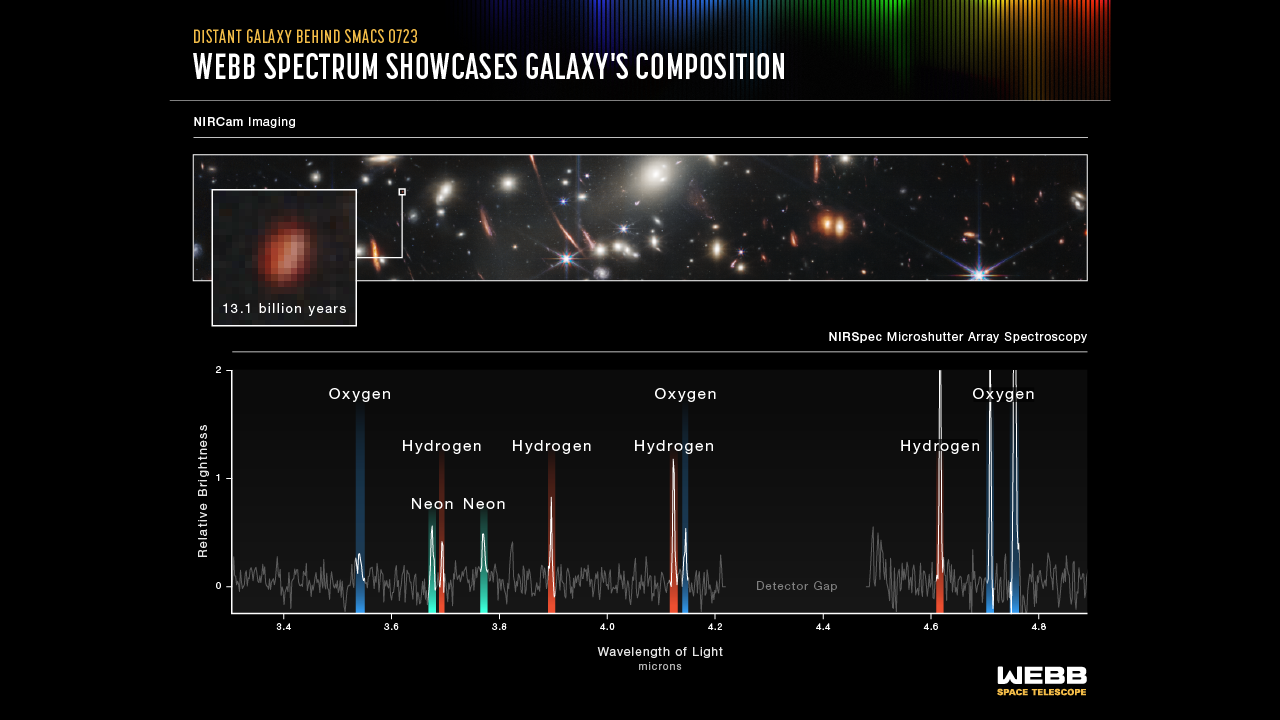 from webbtelescope.org: Infographic titled “Distant Galaxy in SMACS 0723, Webb Spectrum Showcases a Galaxy’s Composition; NIRCam Imaging and NIRSpec Microshutter Array Spectroscopy.” At the top is a thin horizontal reference image of the galaxy cluster, labeled NIRCam Imaging. A zoom-in in view of one galaxy in the field is pulled out. The pull-out image shows a red pixelated blob. The image is labeled 13.1 billion years to indicate the age of the light shown. Below this is a spectrum of the galaxy, labeled NIRSpec Microshutter Array Spectroscopy. It is plotted as a line graph of brightness versus wavelength. The overall shape of the line is flat with many prominent spike-like peaks. Ten peaks are labeled with the element that is emitting that wavelength of light. From left to right (shorter to longer wavelength) the peaks are: oxygen, neon, hydrogen, neon, hydrogen, hydrogen, oxygen, hydrogen, oxygen.