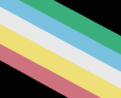 Black background with pink, yellow, white, blue and green diagonal stripes in the center.