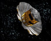 An artist's impression of the Gaia satellite, over a dark field of stars