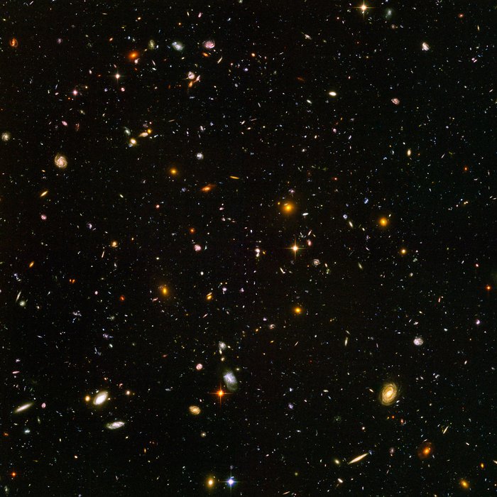 from ESA: This view of nearly 10,000 galaxies is called the Hubble Ultra Deep Field. The snapshot includes galaxies of various ages, sizes, shapes, and colours. The smallest, reddest galaxies, about 100, may be among the most distant known, existing when the universe was just 800 million years old. The nearest galaxies - the larger, brighter, well-defined spirals and ellipticals - thrived about 1 billion years ago, when the cosmos was 13 billion years old. The image required 800 exposures taken over the course of 400 Hubble orbits around Earth. The total amount of exposure time was 11.3 days, taken between Sept. 24, 2003 and Jan. 16, 2004.